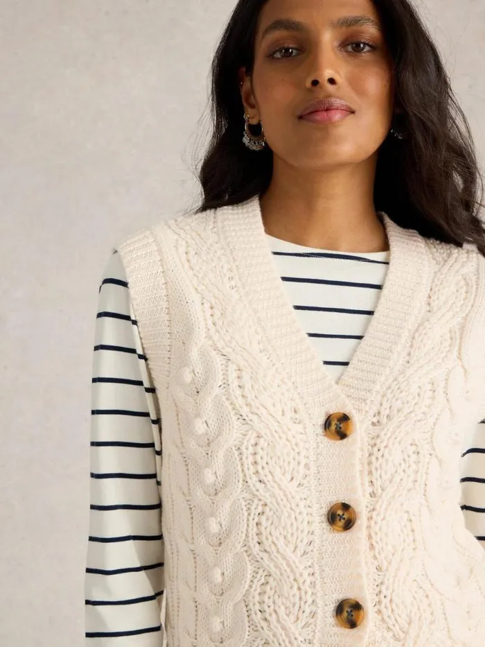 Women CABLE BUTTON THROUGH TANK Light Natural White Stuff Knitwear