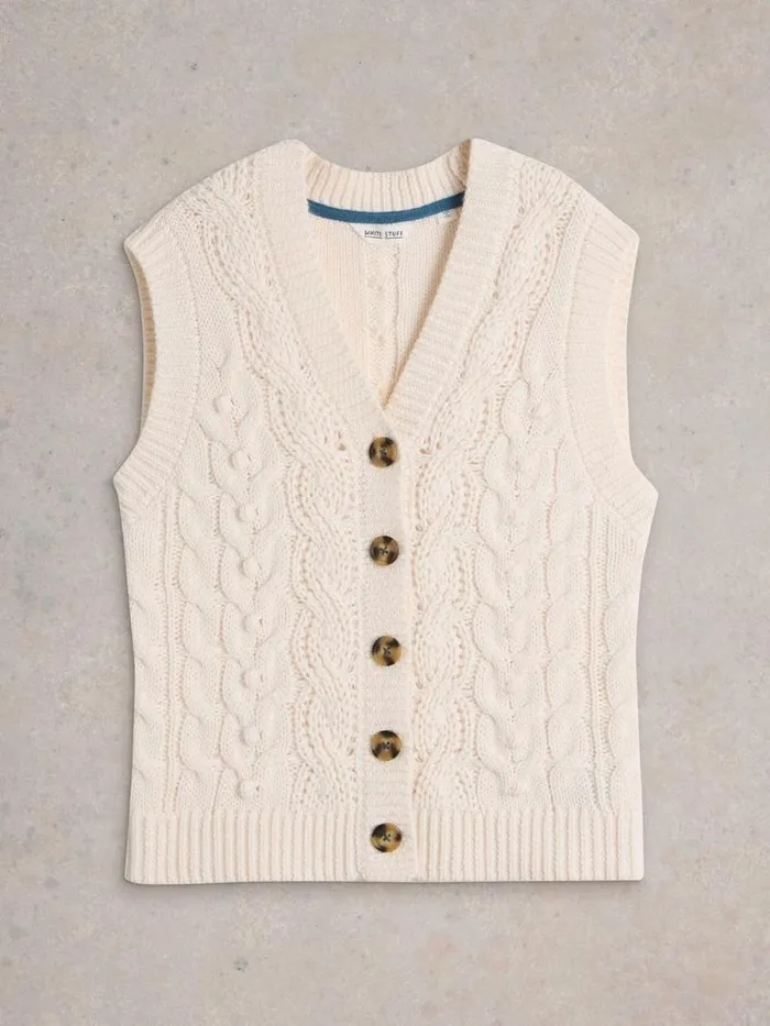 Women CABLE BUTTON THROUGH TANK Light Natural White Stuff Knitwear