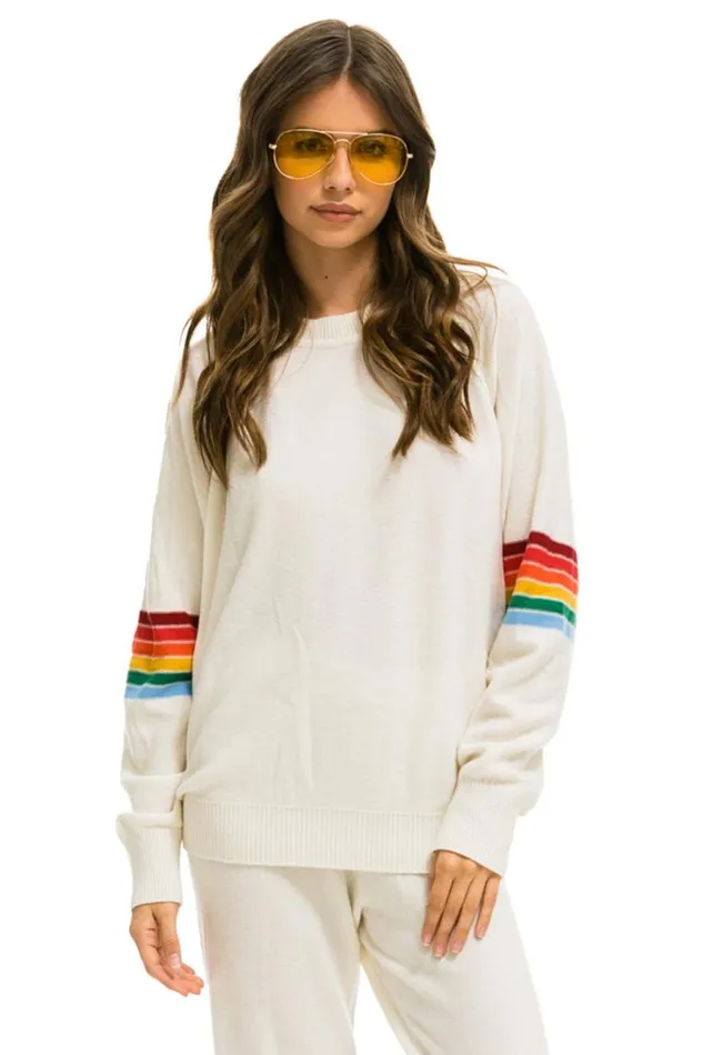 Women Cashmere Aviator Nation RAINBOW STRIPE SLEEVE UNISEX CASHMERE LIGHT SWEATER 8211 VINTAGE WHITE