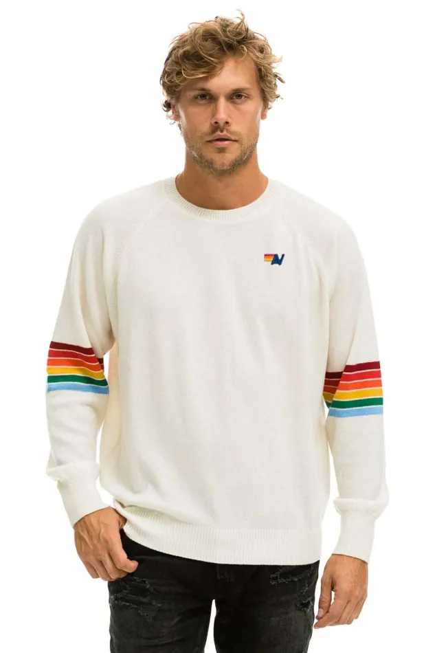 Women Cashmere Aviator Nation RAINBOW STRIPE SLEEVE UNISEX CASHMERE LIGHT SWEATER 8211 VINTAGE WHITE Women Cashmere Aviator Nation RAINBOW STRIPE SLEEVE UNISEX CASHMERE LIGHT SWEATER 8211 VINTAGE WHITE