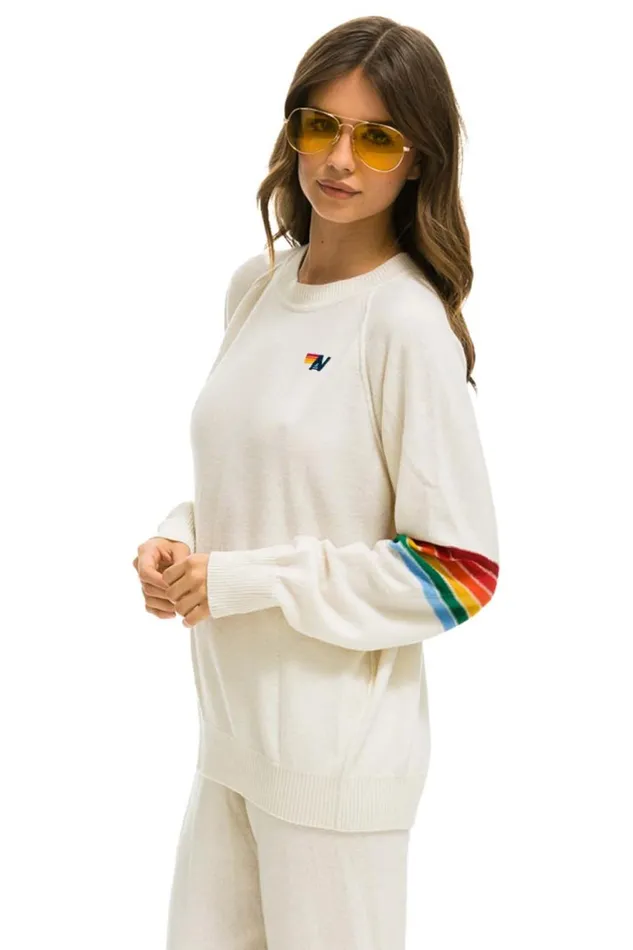 Women Cashmere Aviator Nation RAINBOW STRIPE SLEEVE UNISEX CASHMERE LIGHT SWEATER 8211 VINTAGE WHITE Women Cashmere Aviator Nation RAINBOW STRIPE SLEEVE UNISEX CASHMERE LIGHT SWEATER 8211 VINTAGE WHITE