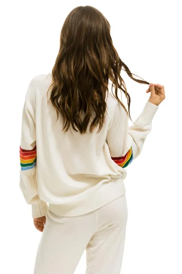 Women Cashmere Aviator Nation RAINBOW STRIPE SLEEVE UNISEX CASHMERE LIGHT SWEATER 8211 VINTAGE WHITE Women Cashmere Aviator Nation RAINBOW STRIPE SLEEVE UNISEX CASHMERE LIGHT SWEATER 8211 VINTAGE WHITE