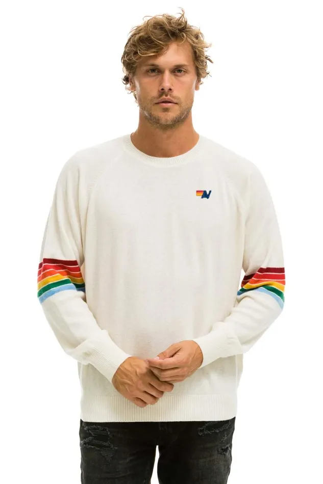 Women Cashmere Aviator Nation RAINBOW STRIPE SLEEVE UNISEX CASHMERE LIGHT SWEATER 8211 VINTAGE WHITE Women Cashmere Aviator Nation RAINBOW STRIPE SLEEVE UNISEX CASHMERE LIGHT SWEATER 8211 VINTAGE WHITE