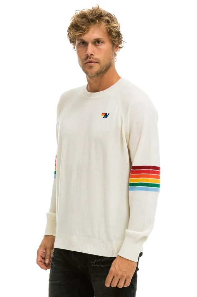 Women Cashmere Aviator Nation RAINBOW STRIPE SLEEVE UNISEX CASHMERE LIGHT SWEATER 8211 VINTAGE WHITE Women Cashmere Aviator Nation RAINBOW STRIPE SLEEVE UNISEX CASHMERE LIGHT SWEATER 8211 VINTAGE WHITE