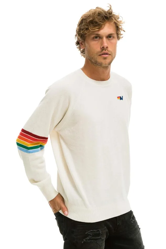 Women Cashmere Aviator Nation RAINBOW STRIPE SLEEVE UNISEX CASHMERE LIGHT SWEATER 8211 VINTAGE WHITE Women Cashmere Aviator Nation RAINBOW STRIPE SLEEVE UNISEX CASHMERE LIGHT SWEATER 8211 VINTAGE WHITE