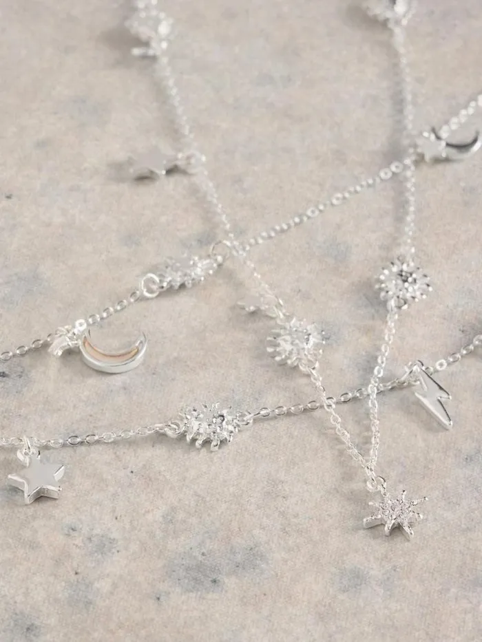 Women Celestial Layered Necklace Silver Tone Metallic White Stuff Jewellery