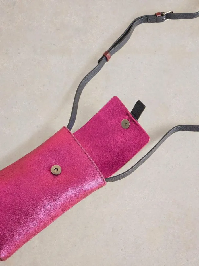 Women Clara Buckle Leather Phone Bag Coloured Metallic White Stuff Bags and Purses