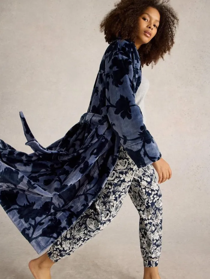Women Clover Cosy Dressing Gown Blue Print White Stuff Nightwear