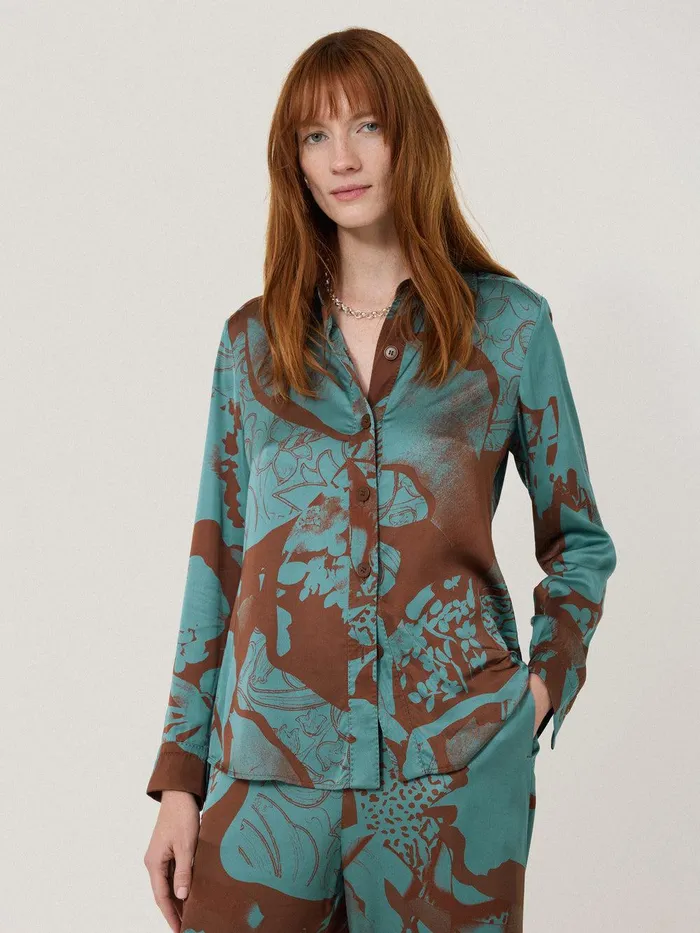 Women Collage Stitch Detail Shirt Blue Jigsaw Coords