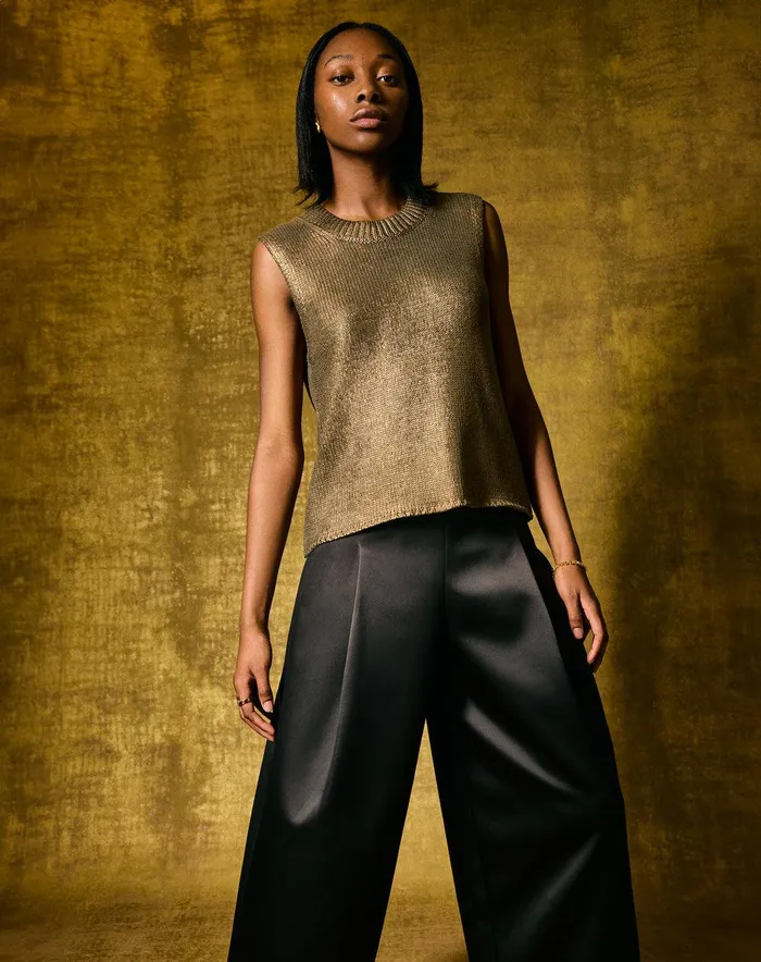 Women Cotton Metallic Crew Tank Gold Jigsaw Party