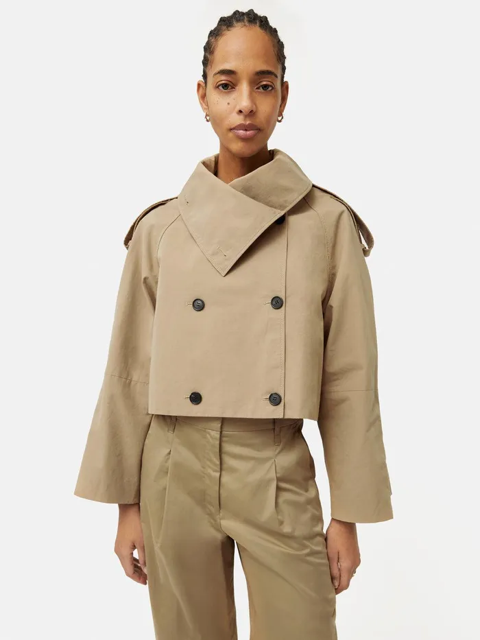 Women Cropped Cotton Trench Jacket Stone Jigsaw Coats and Jackets