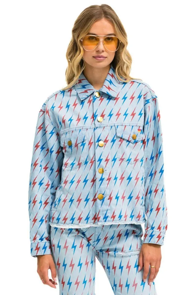 Women Denim Aviator Nation AVIATOR BOLT OVERSIZED CUTOFF DENIM JACKET 8211 SUPER LIGHT