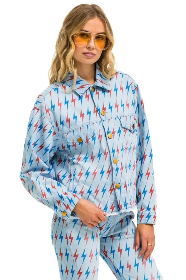Women Denim Aviator Nation AVIATOR BOLT OVERSIZED CUTOFF DENIM JACKET 8211 SUPER LIGHT
