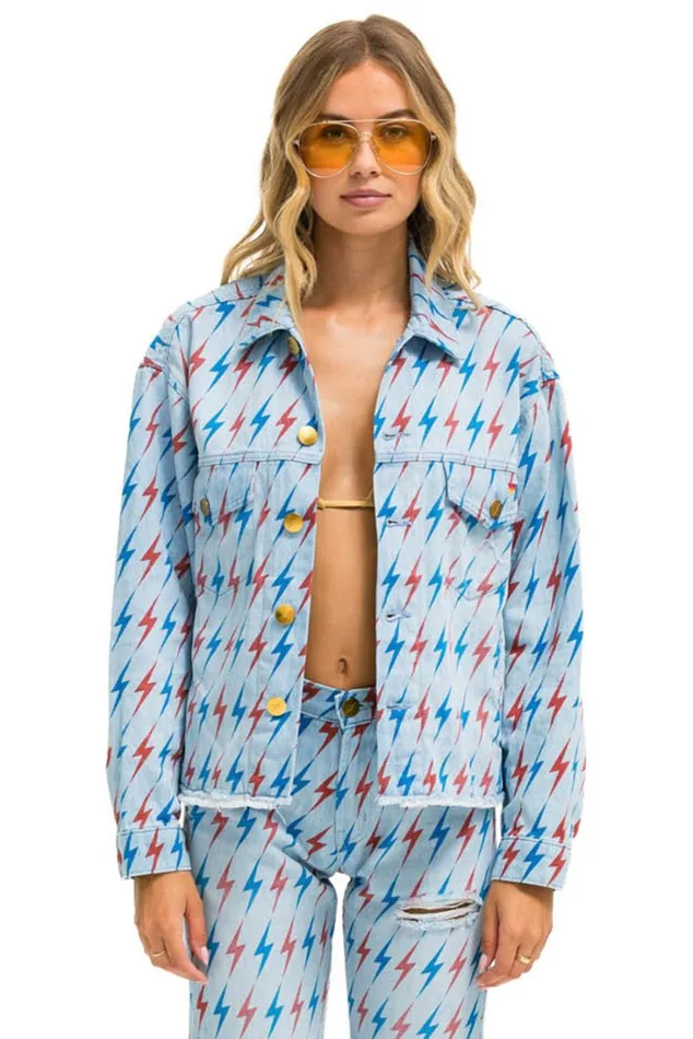 Women Denim Aviator Nation AVIATOR BOLT OVERSIZED CUTOFF DENIM JACKET 8211 SUPER LIGHT
