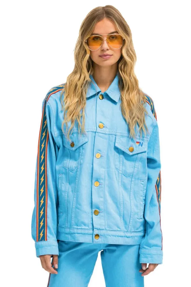 Women Denim Aviator Nation BOLT STRIPE OVERSIZED CONCERT DENIM JACKET 8211 SKY