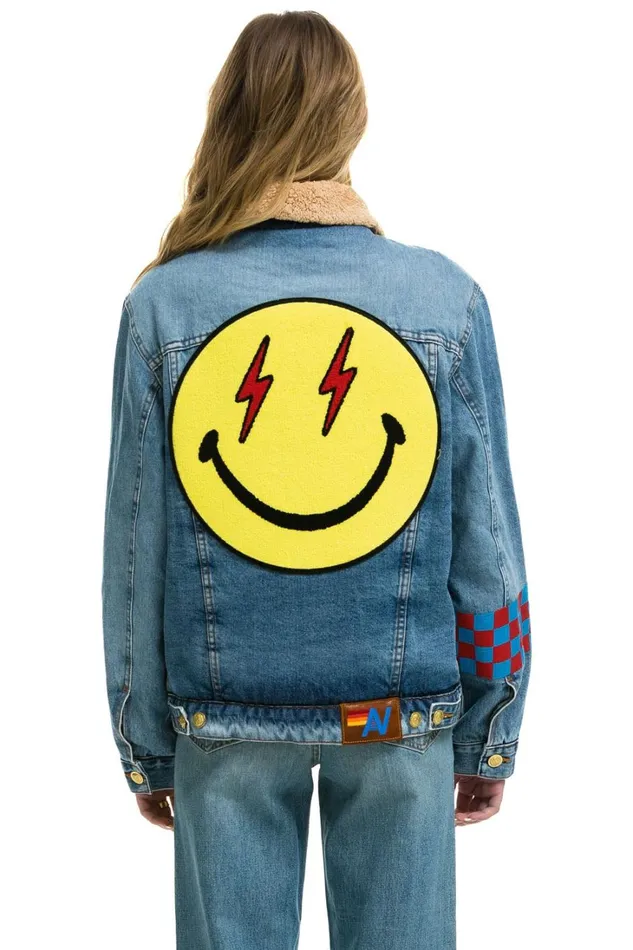 Women Denim Aviator Nation SMALL STOKED BOLT SMILEY RANCH SHERPA DENIM JACKET 8211 SUPER LIGHT