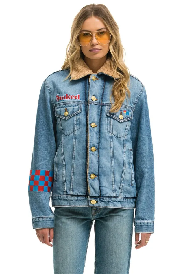 Women Denim Aviator Nation SMALL STOKED BOLT SMILEY RANCH SHERPA DENIM JACKET 8211 SUPER LIGHT Women Denim Aviator Nation SMALL STOKED BOLT SMILEY RANCH SHERPA DENIM JACKET 8211 SUPER LIGHT