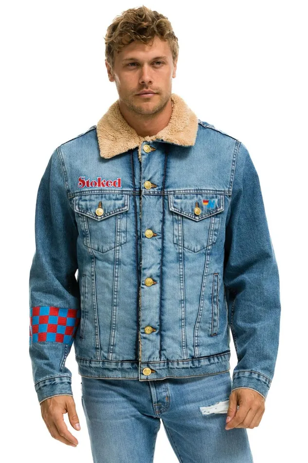 Women Denim Aviator Nation SMALL STOKED BOLT SMILEY RANCH SHERPA DENIM JACKET 8211 SUPER LIGHT Women Denim Aviator Nation SMALL STOKED BOLT SMILEY RANCH SHERPA DENIM JACKET 8211 SUPER LIGHT