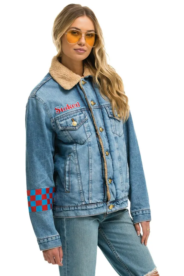Women Denim Aviator Nation SMALL STOKED BOLT SMILEY RANCH SHERPA DENIM JACKET 8211 SUPER LIGHT Women Denim Aviator Nation SMALL STOKED BOLT SMILEY RANCH SHERPA DENIM JACKET 8211 SUPER LIGHT