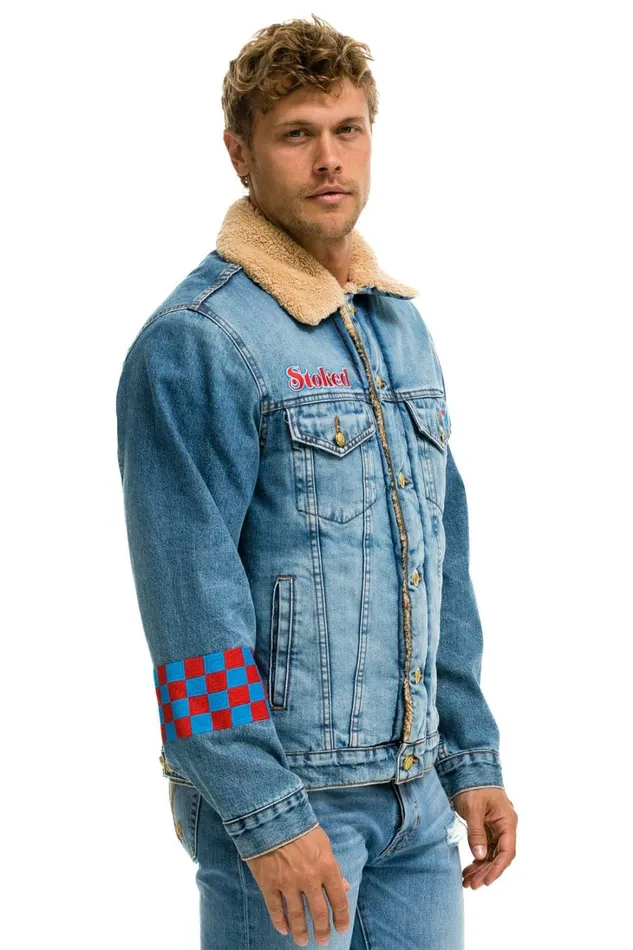 Women Denim Aviator Nation SMALL STOKED BOLT SMILEY RANCH SHERPA DENIM JACKET 8211 SUPER LIGHT Women Denim Aviator Nation SMALL STOKED BOLT SMILEY RANCH SHERPA DENIM JACKET 8211 SUPER LIGHT