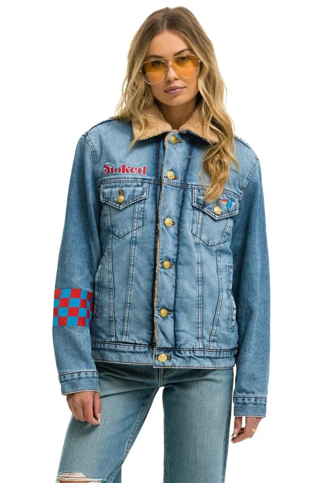 Women Denim Aviator Nation SMALL STOKED BOLT SMILEY RANCH SHERPA DENIM JACKET 8211 SUPER LIGHT Women Denim Aviator Nation SMALL STOKED BOLT SMILEY RANCH SHERPA DENIM JACKET 8211 SUPER LIGHT