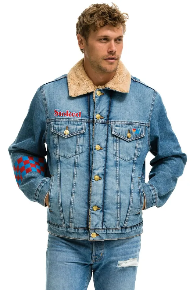 Women Denim Aviator Nation SMALL STOKED BOLT SMILEY RANCH SHERPA DENIM JACKET 8211 SUPER LIGHT Women Denim Aviator Nation SMALL STOKED BOLT SMILEY RANCH SHERPA DENIM JACKET 8211 SUPER LIGHT