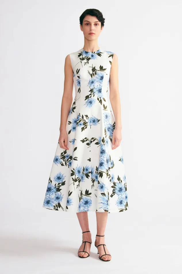 Women Dresses Emilia Wickstead Mara Dress Blue Dahlia Floral Print Taffeta Faille