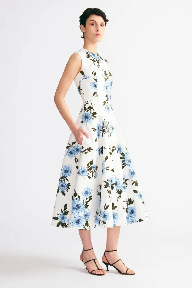 Women Dresses Emilia Wickstead Mara Dress Blue Dahlia Floral Print Taffeta Faille