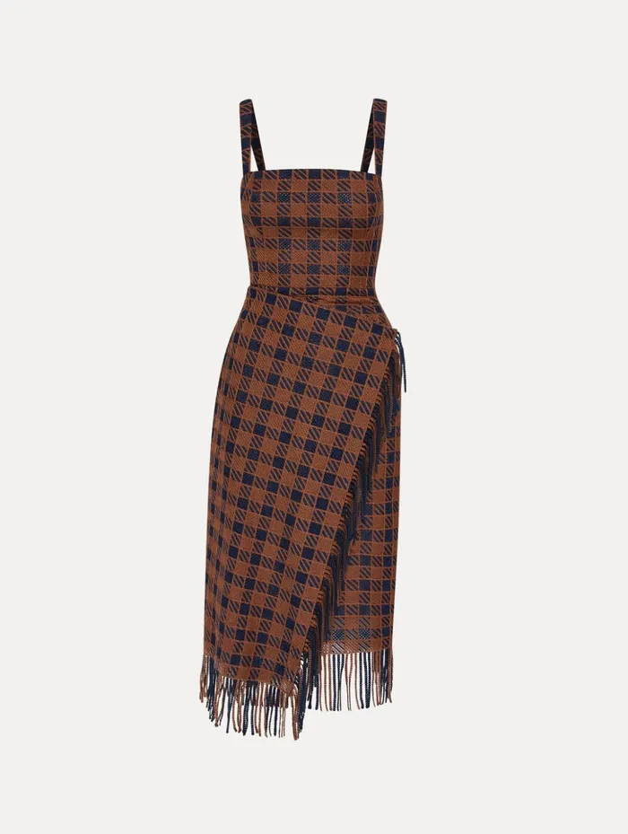 Women Dresses Oscar De La Renta Check Fringe Guipure Dress Cognac Navy