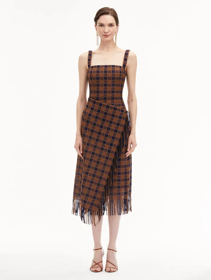 Women Dresses Oscar De La Renta Check Fringe Guipure Dress Cognac Navy