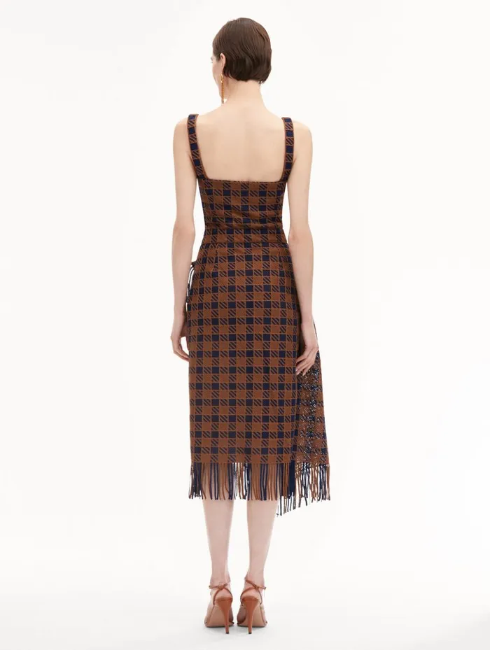 Women Dresses Oscar De La Renta Check Fringe Guipure Dress Cognac Navy