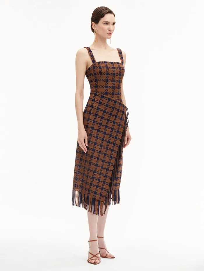Women Dresses Oscar De La Renta Check Fringe Guipure Dress Cognac Navy