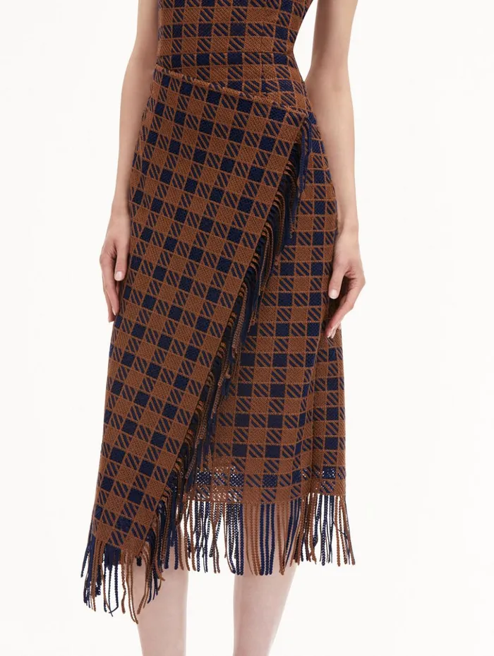 Women Dresses Oscar De La Renta Check Fringe Guipure Dress Cognac Navy