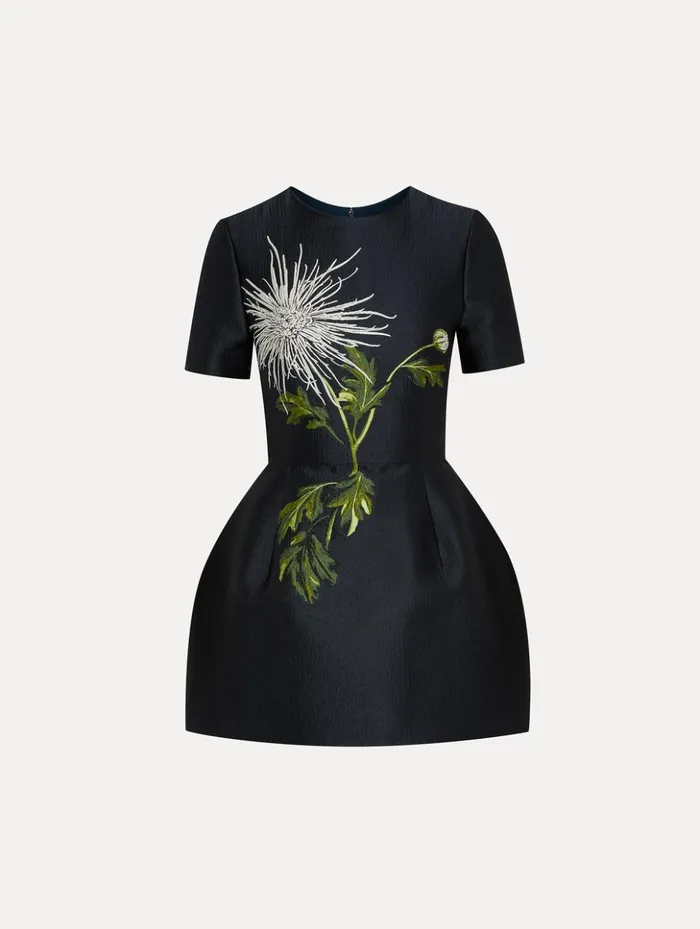 Women Dresses Oscar De La Renta Chrysanthemum Jacquard Short Sleeve Dress White Navy