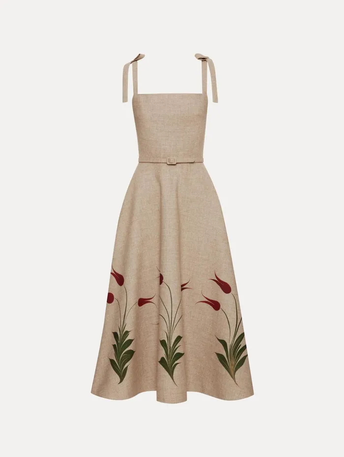 Women Dresses Oscar De La Renta Marbled Tulip Canvas Dress Linen Red