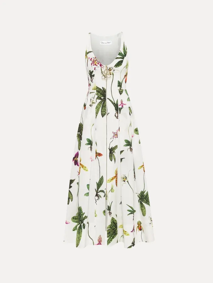 Women Dresses Oscar De La Renta Orchid Zip Front Cotton Poplin Dress White Multi