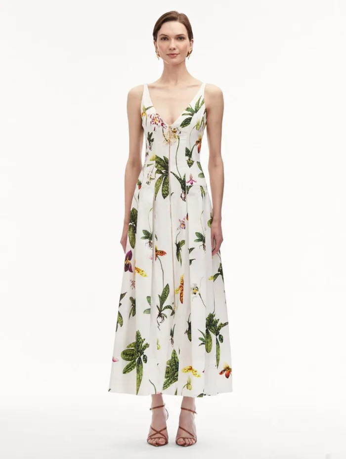 Women Dresses Oscar De La Renta Orchid Zip Front Cotton Poplin Dress White Multi Women Dresses Oscar De La Renta Orchid Zip Front Cotton Poplin Dress White Multi