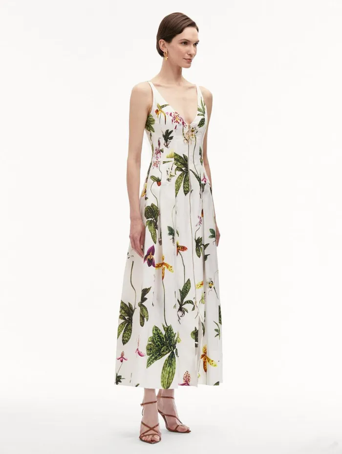 Women Dresses Oscar De La Renta Orchid Zip Front Cotton Poplin Dress White Multi Women Dresses Oscar De La Renta Orchid Zip Front Cotton Poplin Dress White Multi
