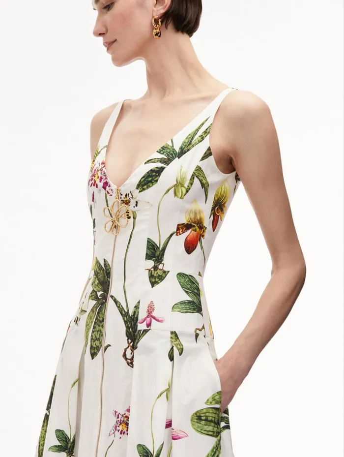 Women Dresses Oscar De La Renta Orchid Zip Front Cotton Poplin Dress White Multi Women Dresses Oscar De La Renta Orchid Zip Front Cotton Poplin Dress White Multi