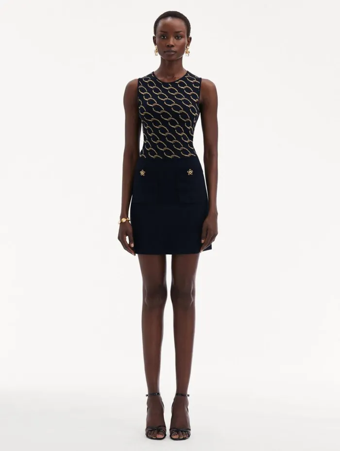 Women Dresses Oscar De La Renta Oscar ChainLink Knit Dress Navygold Women Dresses Oscar De La Renta Oscar ChainLink Knit Dress Navygold