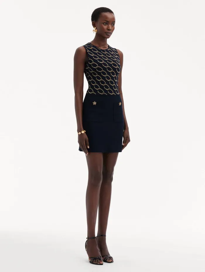 Women Dresses Oscar De La Renta Oscar ChainLink Knit Dress Navygold Women Dresses Oscar De La Renta Oscar ChainLink Knit Dress Navygold