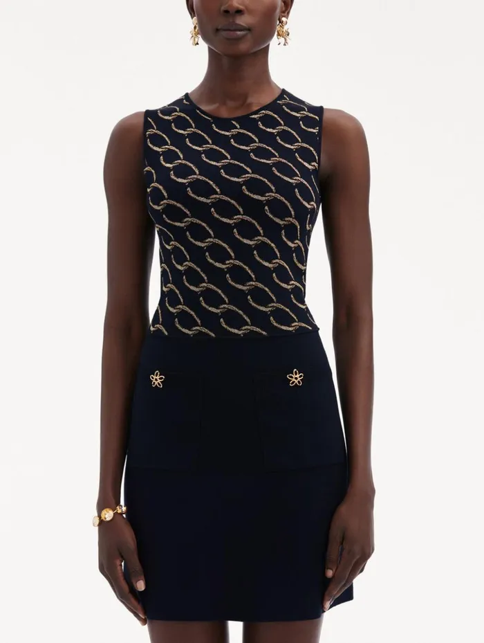 Women Dresses Oscar De La Renta Oscar ChainLink Knit Dress Navygold Women Dresses Oscar De La Renta Oscar ChainLink Knit Dress Navygold