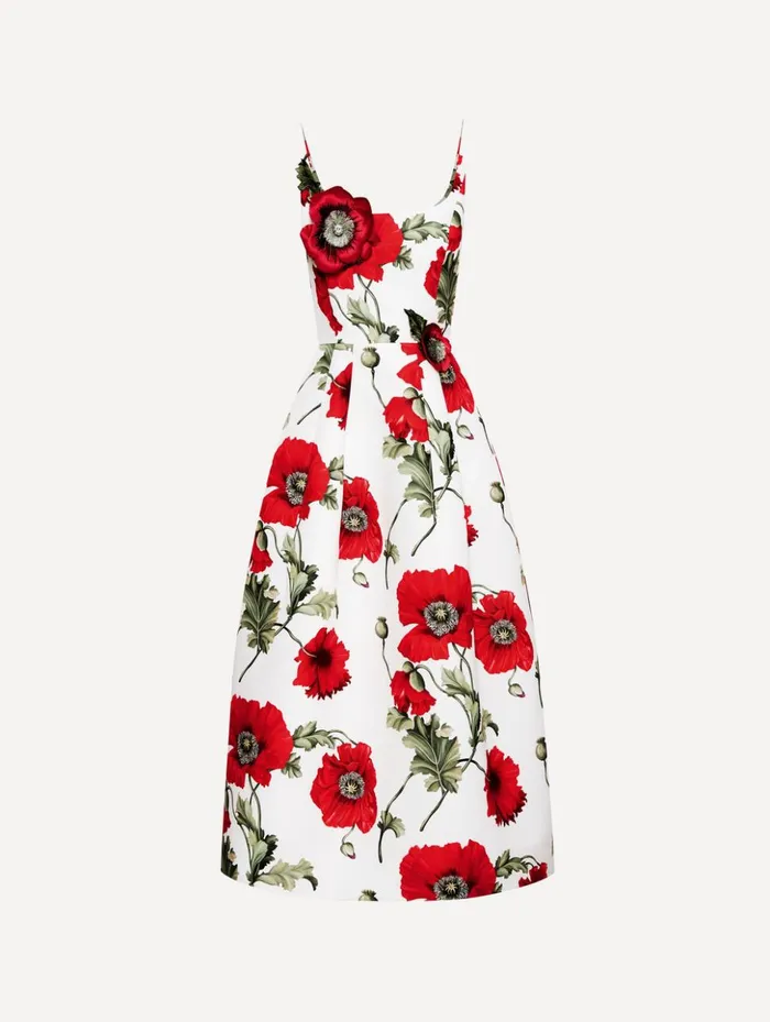 Women Dresses Oscar De La Renta Poppy Embroidered Scoop Neck Dress White Red