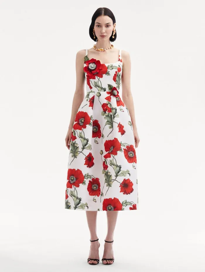 Women Dresses Oscar De La Renta Poppy Embroidered Scoop Neck Dress White Red Women Dresses Oscar De La Renta Poppy Embroidered Scoop Neck Dress White Red