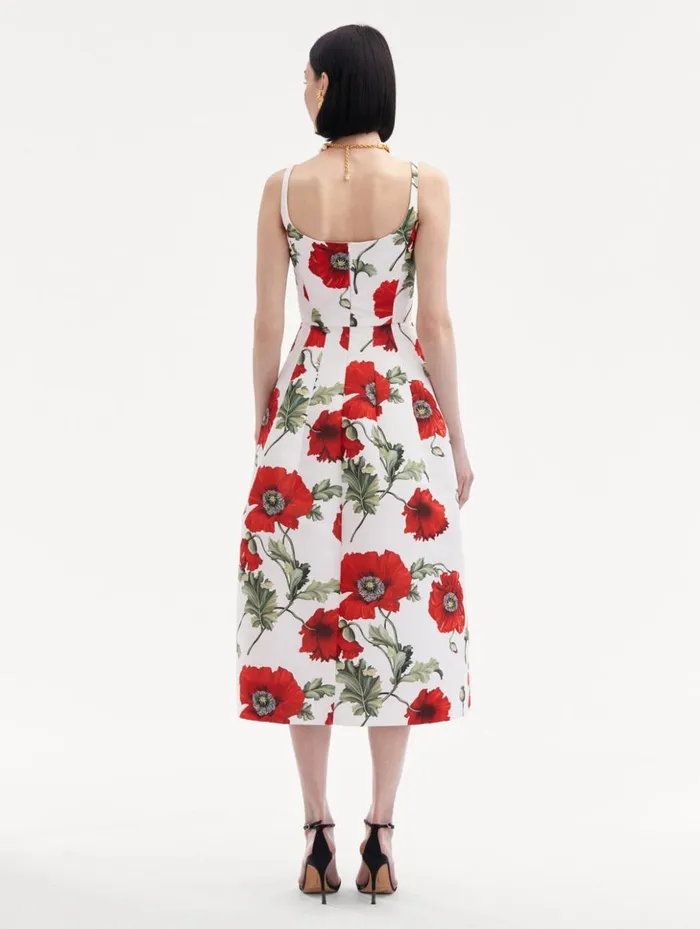 Women Dresses Oscar De La Renta Poppy Embroidered Scoop Neck Dress White Red Women Dresses Oscar De La Renta Poppy Embroidered Scoop Neck Dress White Red