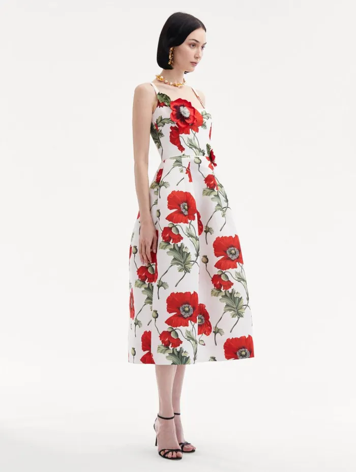 Women Dresses Oscar De La Renta Poppy Embroidered Scoop Neck Dress White Red Women Dresses Oscar De La Renta Poppy Embroidered Scoop Neck Dress White Red