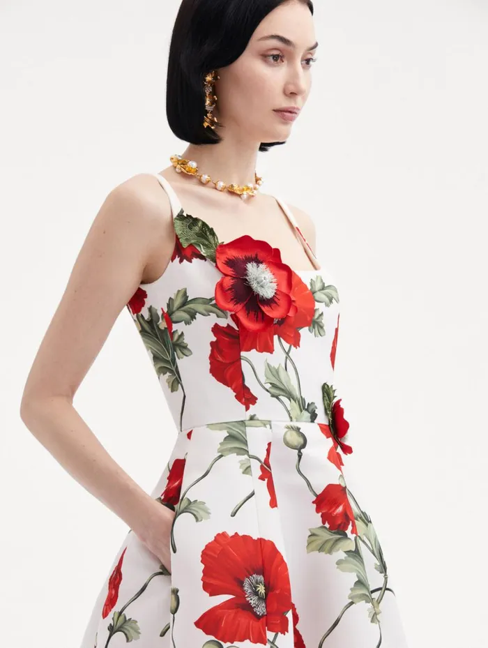 Women Dresses Oscar De La Renta Poppy Embroidered Scoop Neck Dress White Red Women Dresses Oscar De La Renta Poppy Embroidered Scoop Neck Dress White Red