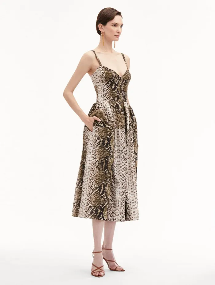Women Dresses Oscar De La Renta Snake Cotton Poplin Dress Olive Women Dresses Oscar De La Renta Snake Cotton Poplin Dress Olive