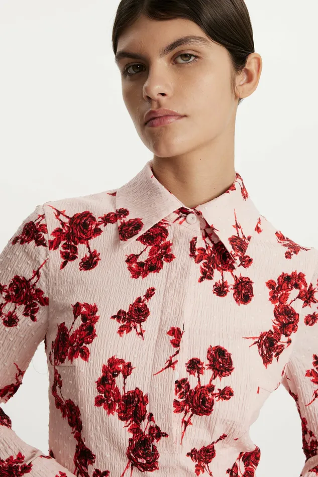 Women Emilia Wickstead Jancine Dress In Red Rose Stem Floral Print Cotton Dresses
