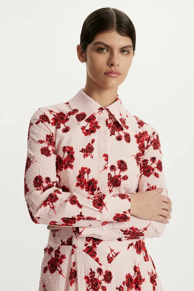 Women Emilia Wickstead Jancine Dress In Red Rose Stem Floral Print Cotton Dresses